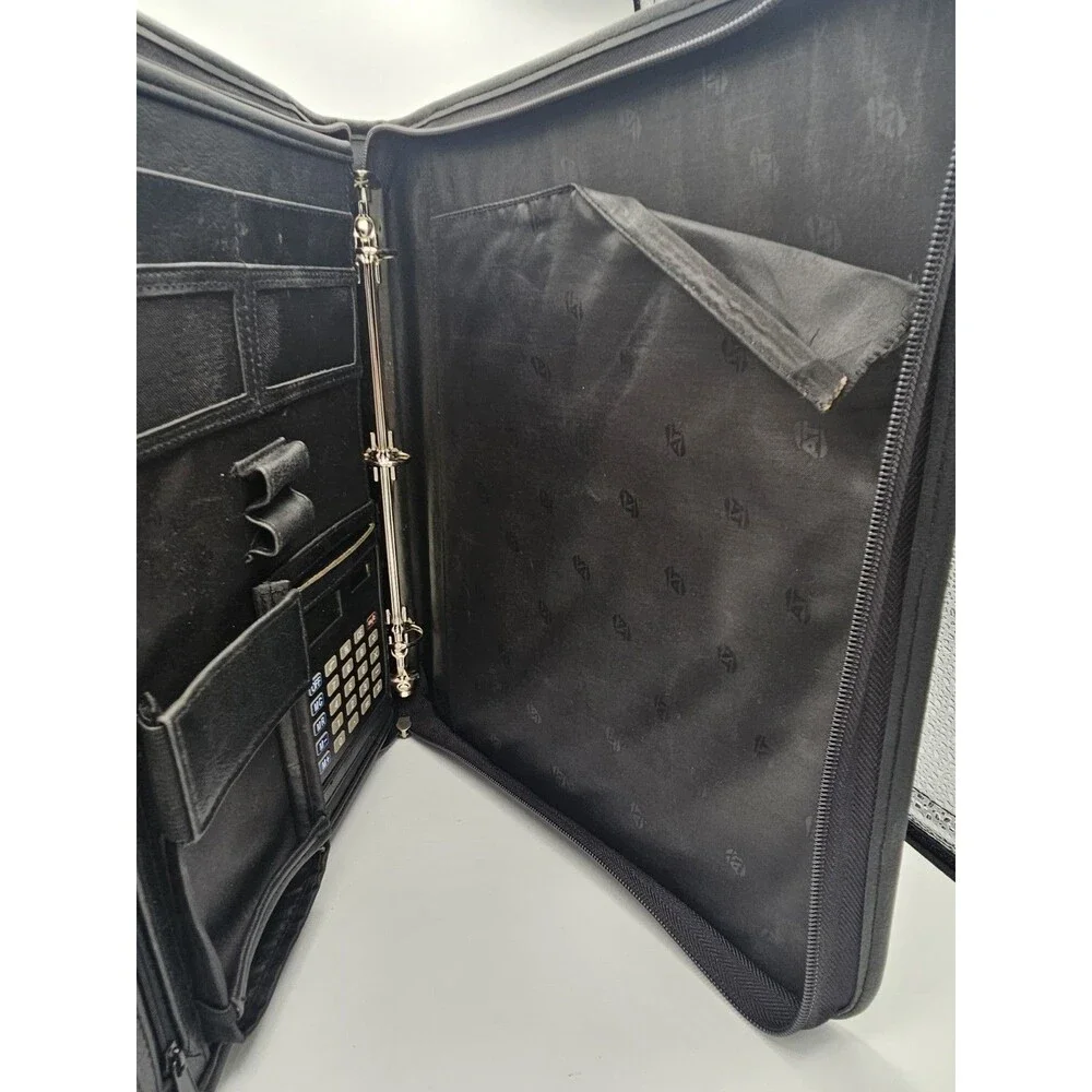 American Tourister Black Leather Zipper 3 Ring Binder W/ Calculator + Holder